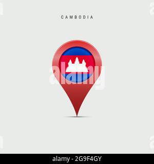 Teardrop map marker with flag of Cambodia. Cambodian flag inserted in the location map pin. 3D vector illustration isolated on light grey background. Stock Vector