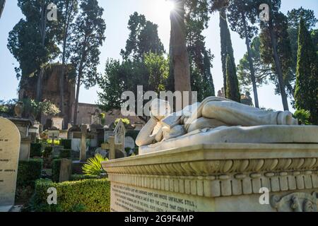 Rome, Italy - October 2019 : Non catholic cemetery for foreigners in Rome, Italy. One of most beautiful and little known places in city. Stock Photo