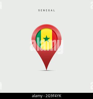 Teardrop map marker with flag of Senegal. Senegalese flag inserted in the location map pin. 3D vector illustration isolated on light grey background. Stock Vector