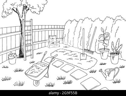 Work in garden yard graphic black white landscape sketch illustration vector Stock Vector