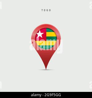 Teardrop map marker with flag of Togo. Togolese Republic flag inserted in the location map pin. 3D vector illustration isolated on light grey backgrou Stock Vector