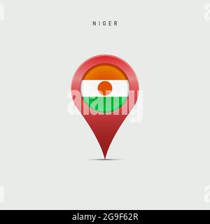 Teardrop map marker with flag of Niger. Nigerian flag inserted in the location map pin. 3D vector illustration isolated on light grey background. Stock Vector