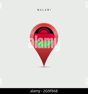 Teardrop map marker with flag of Malawi. Malawian flag inserted in the location map pin. 3D vector illustration isolated on light grey background. Stock Vector