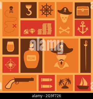 vector pirate set icons, treasure, map,skull illustration Stock Vector