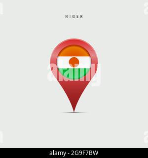 Teardrop map marker with flag of Niger. Nigerian flag inserted in the location map pin. 3D vector illustration isolated on light grey background. Stock Vector