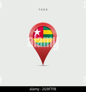 Teardrop map marker with flag of Togo. Togolese Republic flag inserted in the location map pin. 3D vector illustration isolated on light grey backgrou Stock Vector