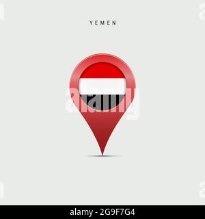 Teardrop map marker with flag of Yemen. Yemeni flag inserted in the location map pin. 3D vector illustration isolated on light grey background. Stock Vector