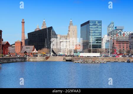 Liverpool city skyline seen from Salthouse Dock. Liverpool UK. Stock Photo