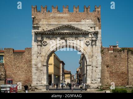 Rimini, Italy. Arch of Augustus, triumphal ancient architecture of Roman Empire, 27 BC. Stock Photo