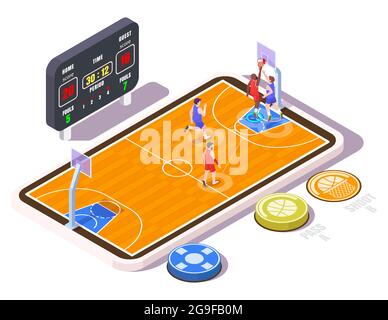 Isometric basketball court with players on smartphone screen, flat vector illustration. Basketball mobile game. Stock Vector