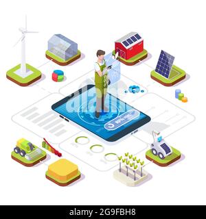 Smart organic farming vector isometric infographic. Farmer managing farm using mobile app. Iot, drones, ai technologies. Stock Vector