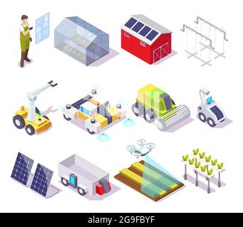 Smart farm, vector isometric icon set. Farmer, drone, greenhouse, solar panel, agricultural robotics automated equipment Stock Vector