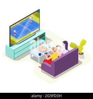 Man and woman in headphones playing tennis video game on tv, vector isometric illustration. Online gaming, console games Stock Vector