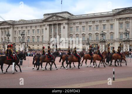 LONDON, UK - JULY 15, 2019: Horse Guards during change of guard ceremony in front of Buckingham Palace, London. Stock Photo
