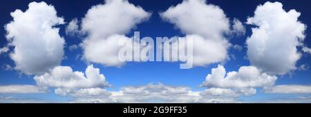 Panoramic sky background. White clouds blue sky background. White cumulus clouds texture. Stock Photo