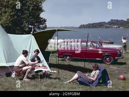 transport, car, Borgward Isabella Combi, camping on the Lake Kochel (Kochelsee), ADDITIONAL-RIGHTS-CLEARANCE-INFO-NOT-AVAILABLE Stock Photo