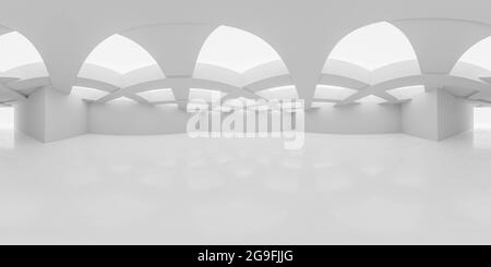 360 degree full panorama environment map of abstract white empty room with white walls, floor open ceiling 3d render illustration hdri hdr vr style Stock Photo