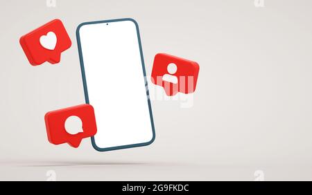 Blank screen floating phone mockup with social media notifications. Smartphone display surrounded by social network buttons, realistic presentation te Stock Photo