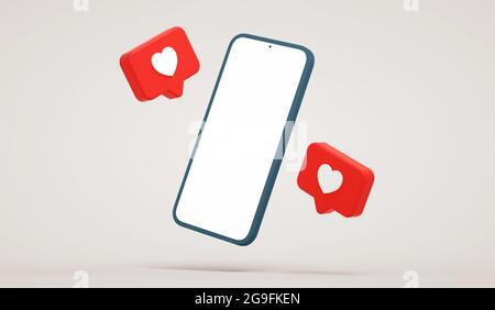 Empty screen floating phone mockup with social media like buttons. Cellphone white display surrounded by social network heart notifications, realistic Stock Photo