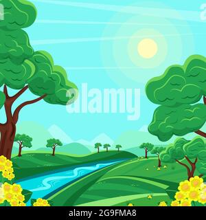 Beautiful summer mountain landscape, river between mountains. Vector illustration in flat style Stock Vector