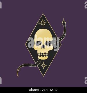 Vintage Mystic snake crawling out of the eye socket of the skull hand drawn Stock Vector