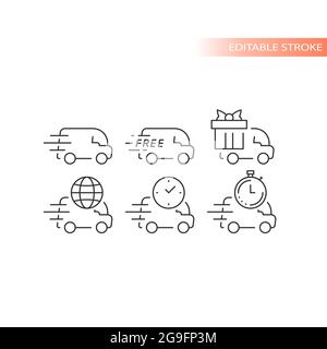 Delivery truck or van line vector icon set. Fast delivery, speed marks, clock and international shipping symbols. Outline, editable stroke. Stock Vector