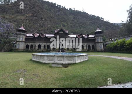 Rampur Palace with fountain at Rampur Bushahr in Shimla, Himachal Pradesh, India. Once served as the Winter Capital of the former princely Bushahr Stock Photo