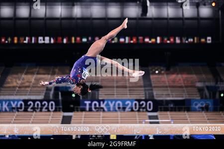 July 25, 2021: Simone Biles of United States of America during women's qualification for the Artistic Gymnastics final at Olympic games in Ariake Gymnastics Centre, Tokyo, Japan. Ulrik Pedersen/CSM Stock Photo
