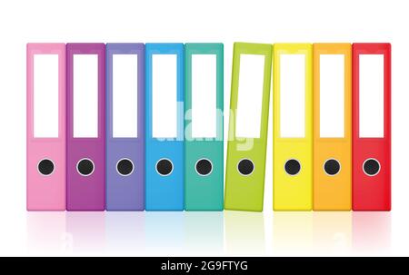 Colored ring binders, colorful blank leaf binder map set, rainbow colors collection for happy office work and tidy filing. Stock Photo