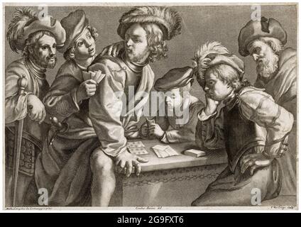 The Card Players, engraving by Teodor Vercruys, Carlo Sacconi, after Caravaggio, 1707-1739 Stock Photo