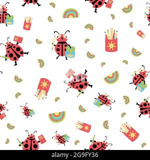 Ladybug back to school vector seamless pattern background. Fun cartoon kawaii ladybird characters with backbacks, pencils, notebooks on white backdrop Stock Vector