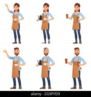 Baristas in different poses. Male and female characters in cartoon style. Stock Vector