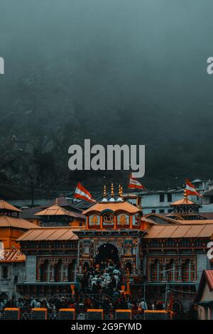 Moody photograph of Badrinath temple in Uttarakhand during monsoon season Stock Photo