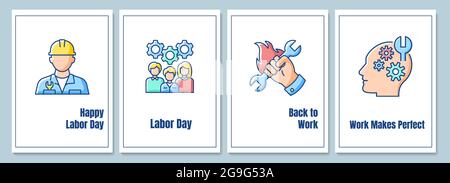 Labor day celebration greeting cards with color icon element set Stock Vector