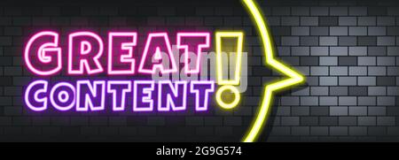 Great content neon text on the stone background. Great content. For business, marketing and advertising. Vector on isolated background. EPS 10. Stock Vector