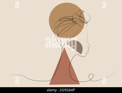 Black woman afro portrait with geometric shapes background. Female profile continuous line art. Black beauty concept. Vector abstract beauty person Stock Vector