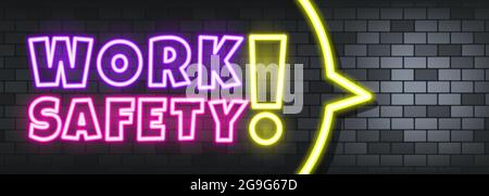Work safety neon text on the stone background. Work safety. For business, marketing and advertising. Vector on isolated background. EPS 10. Stock Vector