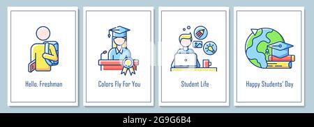 World students day greeting cards with color icon element set. Getting golden memories. Postcard vector design. Decorative flyer with creative illustr Stock Vector