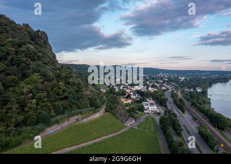 Aerial view of the Rhine landscape at sunset with a view of Rhoendorf Stock Photo
