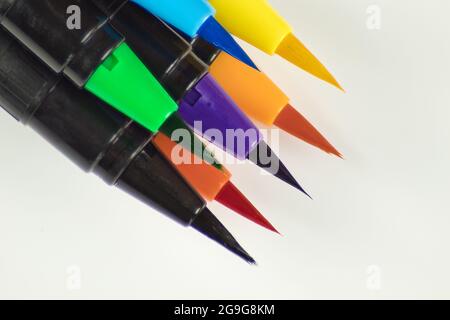 macro of colored felt-tips pens on white background Stock Photo