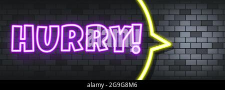 Hurry neon text on the stone background. Hurry. For business, marketing and advertising. Vector on isolated background. EPS 10. Stock Vector