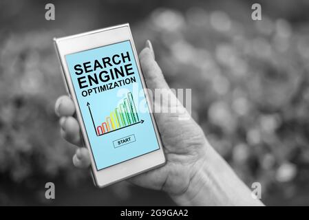 Female hand holding a smartphone with search engine optimization concept Stock Photo