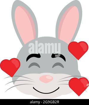 Vector emoticon illustration of the face of a cartoon rabbit with an expression of love and surrounded by hearts Stock Vector