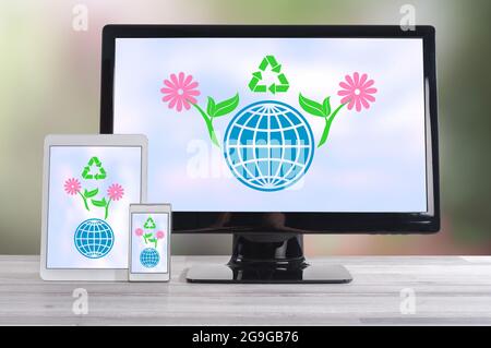 Recycling concept shown on different information technology devices Stock Photo