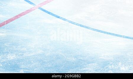 Blank ice skates surface background mockup, top view, 3d rendering. Empty scratched icy texture backdrop mock up. Outdoor blue freeze skating-rink or Stock Photo