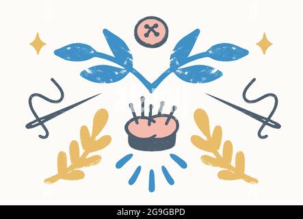 Sew, vintage elements, and sewing tools in stamp style. Vintage vector illustration for banners and cards. Stock Vector