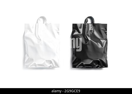 Blank black and white full loop handle plastic bag mockup, 3d endering. Empty crumpled poly parcel mock up, top view, isolated. Clear cary wrapping fo Stock Photo