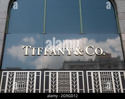 KYIV, UKRAINE - July 25, 2021. Tiffany and co brand logo on the wall. Stock Photo