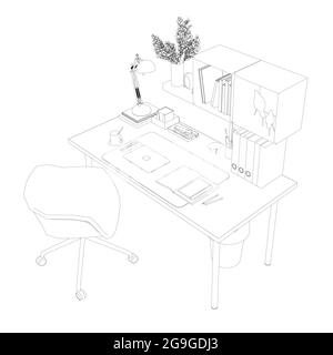 Contour of graphic designer workplace isolated on white background. Isometric view. Vector illustration. Stock Vector