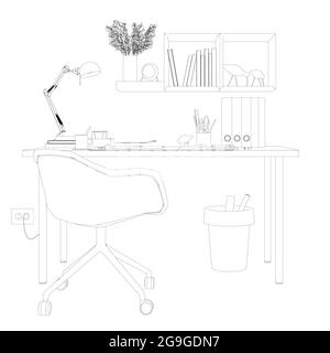 Contour of graphic designer workplace isolated on white background. Front view. Vector illustration. Stock Vector